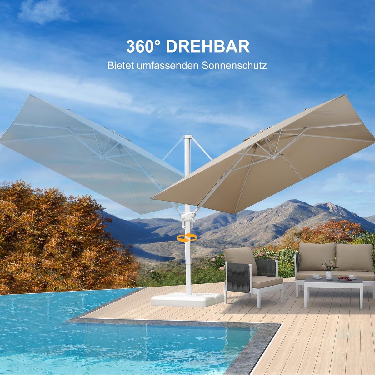 Zweefparasol 300x300 cm Vierkant - 360° Draaibaar, Kantelbaar, Inclusief Parasolvoet, UV50+ Waterafstotend Polyester & Aluminium Frame - Luxe Tuinparasol voor Terras, Balkon & Zwembad - Beige - Laura (9507449358743)