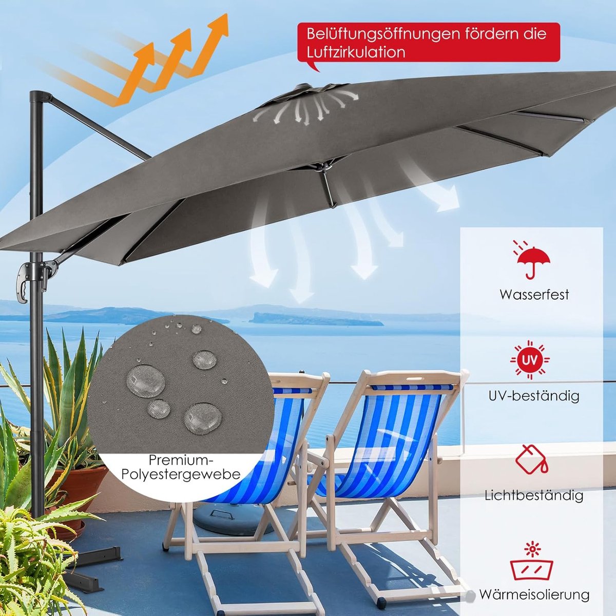 Zweefparasol 300x300 cm Vierkant - 360° Draaibaar Kantelbaar met Zwenkel - Grote Tuinparasol UV-Bescherming Waterafstotend - Grijs - Nicolehome (9507219124950)