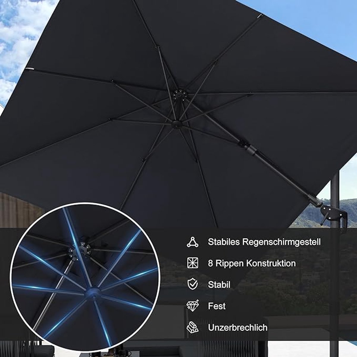 Zweefparasol 300x300 cm Vierkant 360° Draaibaar & Kantelbaar - Aluminium Frame - UV50+ Waterafstotend - Grote Tuinparasol met Zwenkarm en Handslinger - Grijs - Laura (9507215627479)