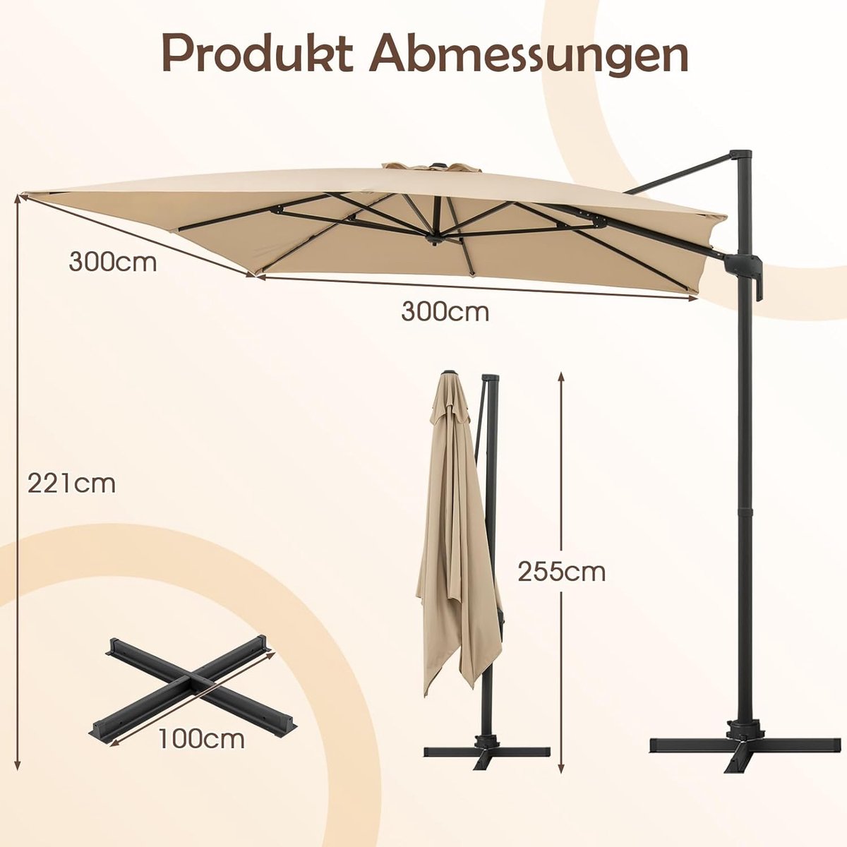 Zweefparasol 300x300 cm Vierkant - 360° Draaibaar & Kantelbaar - Grote Luxe Tuin- en Terras Parasol met Aluminium Frame en Ventilatiesysteem - Geelbeige - Furnitureland (9501227682976)