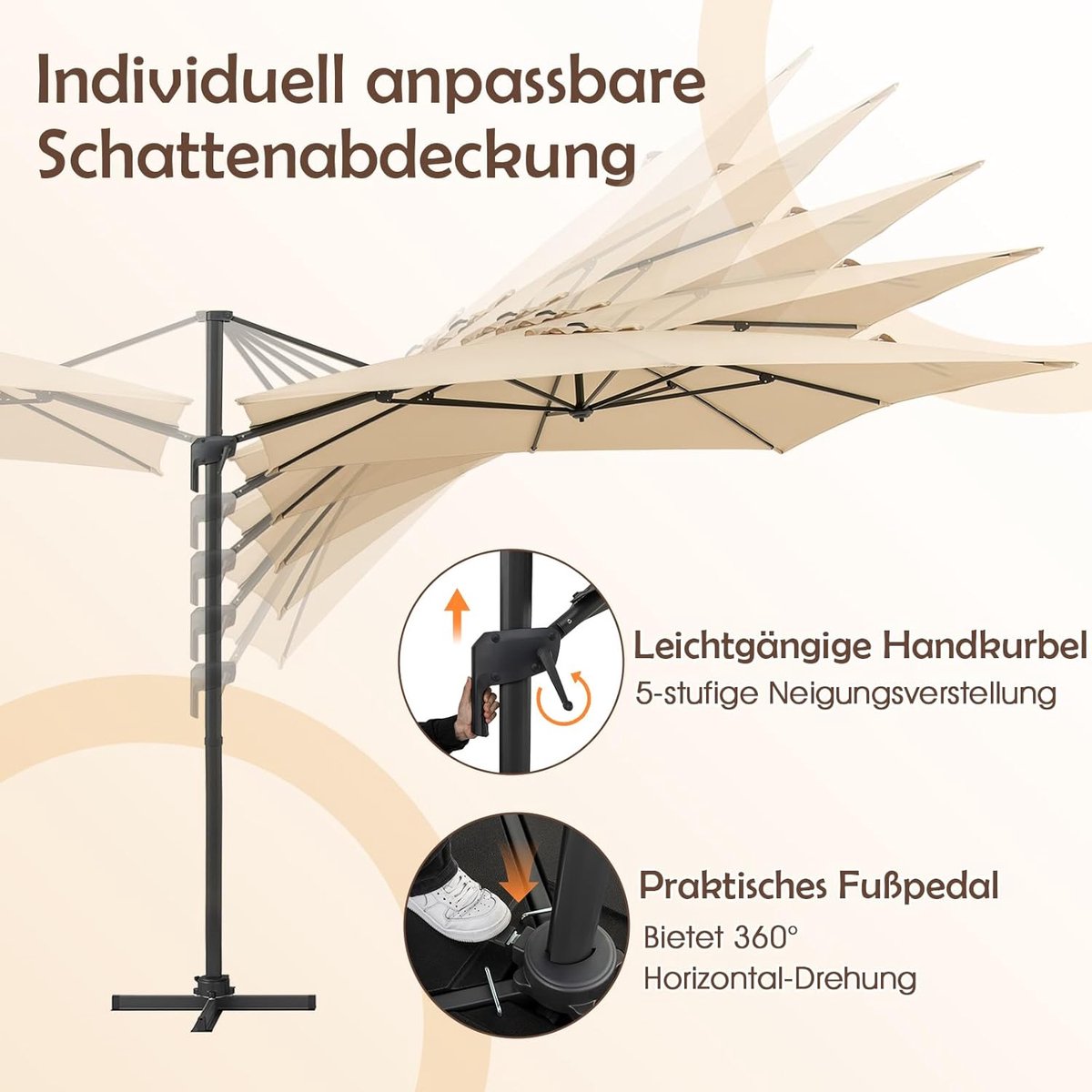 Zweefparasol 300x300 cm Vierkant - 360° Draaibaar & Kantelbaar - Grote Tuinparasol met Zwenkel, Aluminium Frame & UV-bescherming - Beige - Nicolehome (9504816461846)