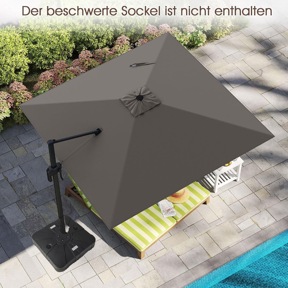 Zweefparasol 300x300 cm Vierkant - 360° Draaibaar & Kantelbaar met Zwenkarm, Aluminium Frame, UV-bescherming, Luxe Tuinparasol voor Terras & Balkon - Antraciet | Nicolehome (9504883673432)
