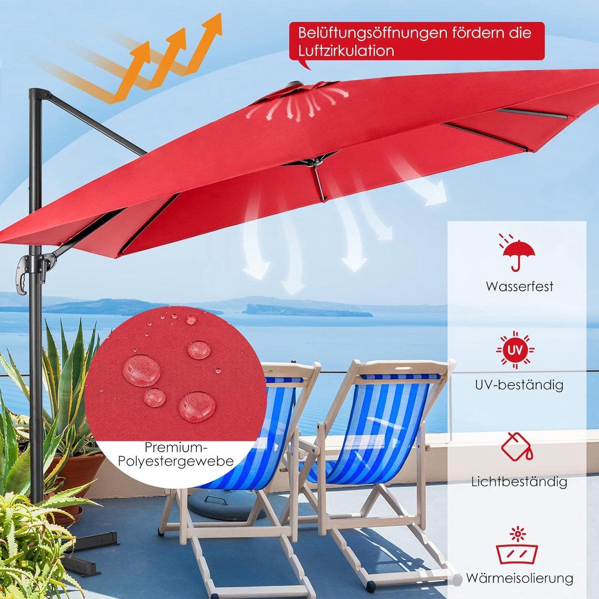 Zweefparasol 300x300 cm Vierkant - 360° Draaibaar & Kantelbaar met Zwenkarm en Zwengel - UV50+ Waterdicht - Grote Luxe Tuinparasol voor Terras, Balkon & Horeca - Wijnrood - Nicolehome (9502482135764)