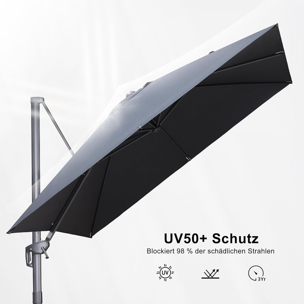 Zweefparasol 300x300 cm XXL 360° Draaibaar Kantelbaar UV50+ Waterafstotend Aluminium met Parasolvoet - Luxe Tuinparasol met Zwenkarm en Zwengel - Grafietgrijs - Laura (9507265973182)