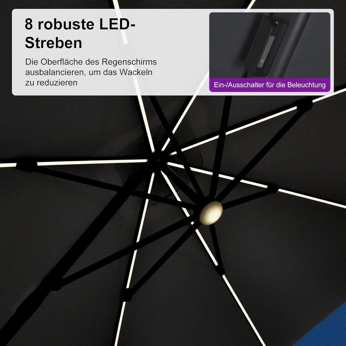Zweefparasol 300x300 cm met LED Verlichting - 360° Draaibaar, Aluminium Tuinparasol met Zonnepaneel, UV-bestendig & Waterafstotend, Vierkant Grijs - Laura (9505448398791)