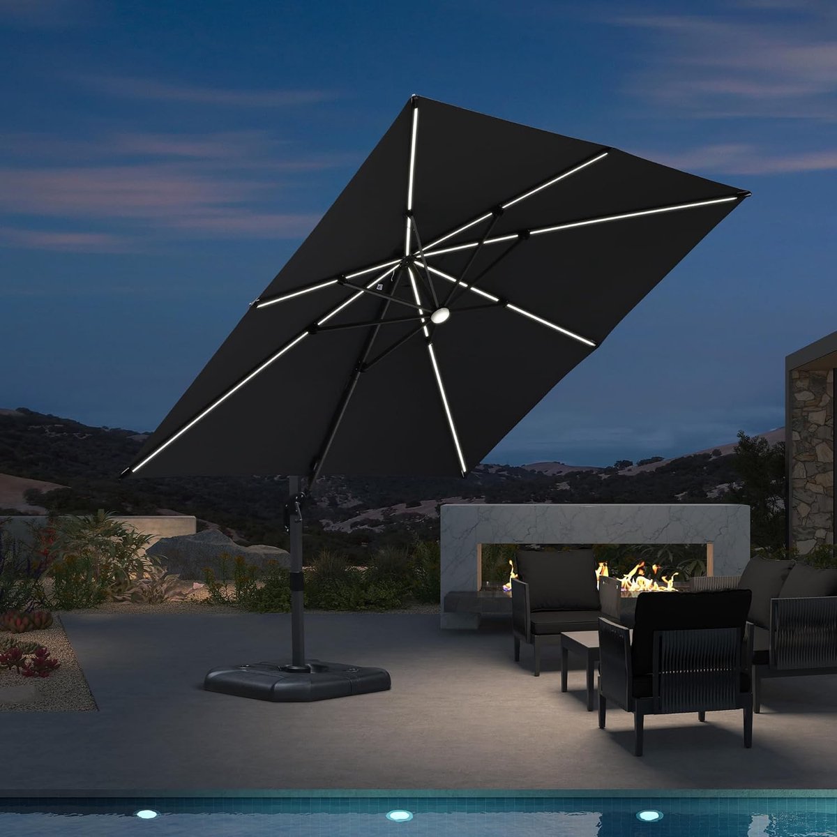 Zweefparasol 300x300 cm met LED Verlichting - 360° Draaibaar, Aluminium Tuinparasol met Zonnepaneel, UV-bestendig & Waterafstotend, Vierkant Grijs - Laura (9501547583441)