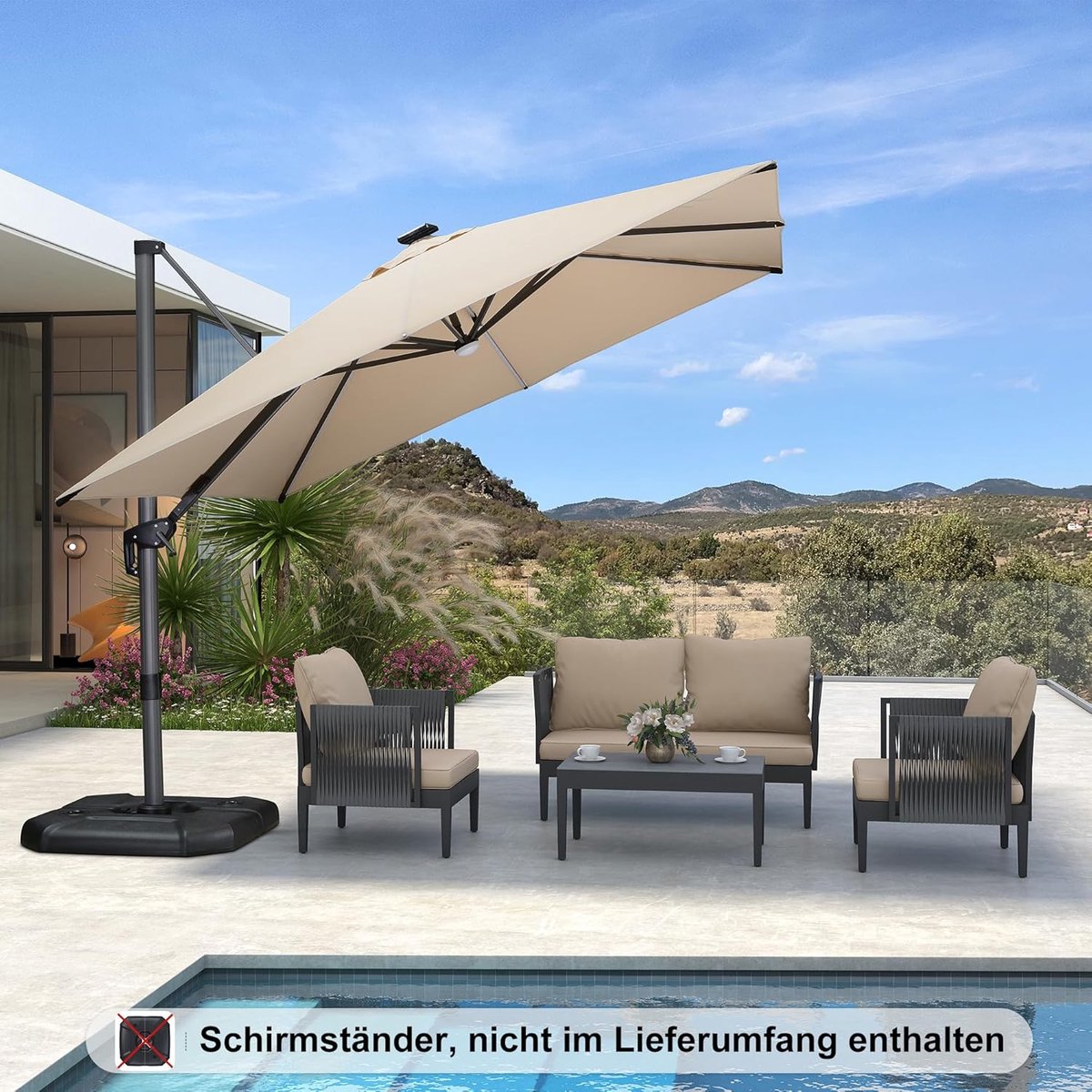 Zweefparasol 300x300 cm met LED Verlichting & 360° Draaibaar - Aluminium Tuinparasol UV50+ Waterafstotend Vierkant Beige - Luxe Hangparasol voor Terras & Tuin - Laura (9505247258876)