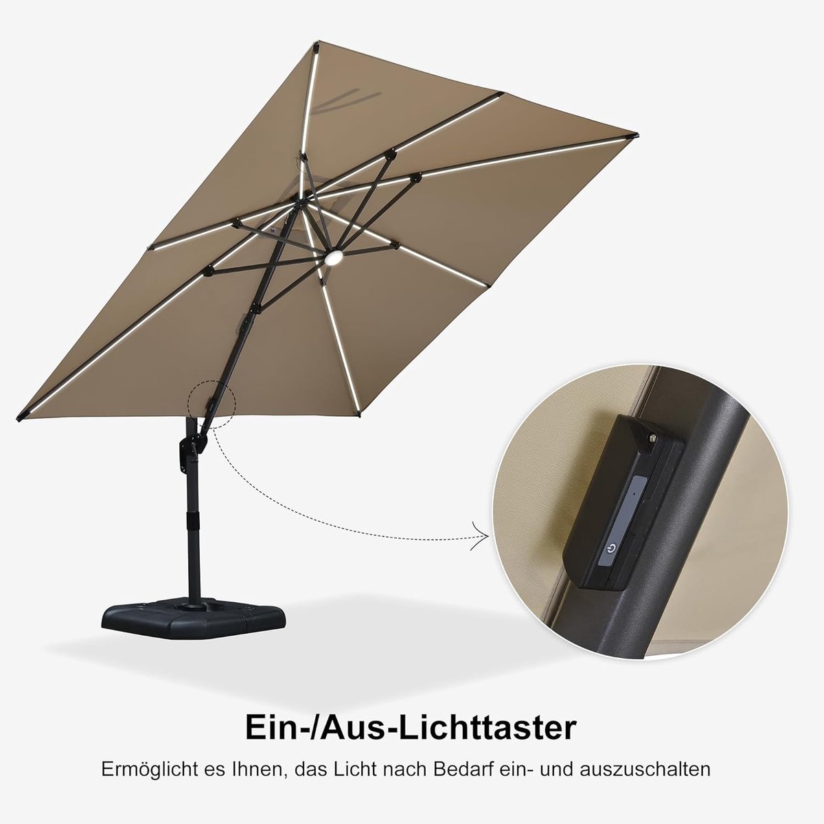 Zweefparasol 300x300 cm met LED Verlichting & 360° Draaibaar - Aluminium Tuinparasol UV50+ Waterafstotend Vierkant Beige - Luxe Hangparasol voor Terras & Tuin - Laura (9506792843869)