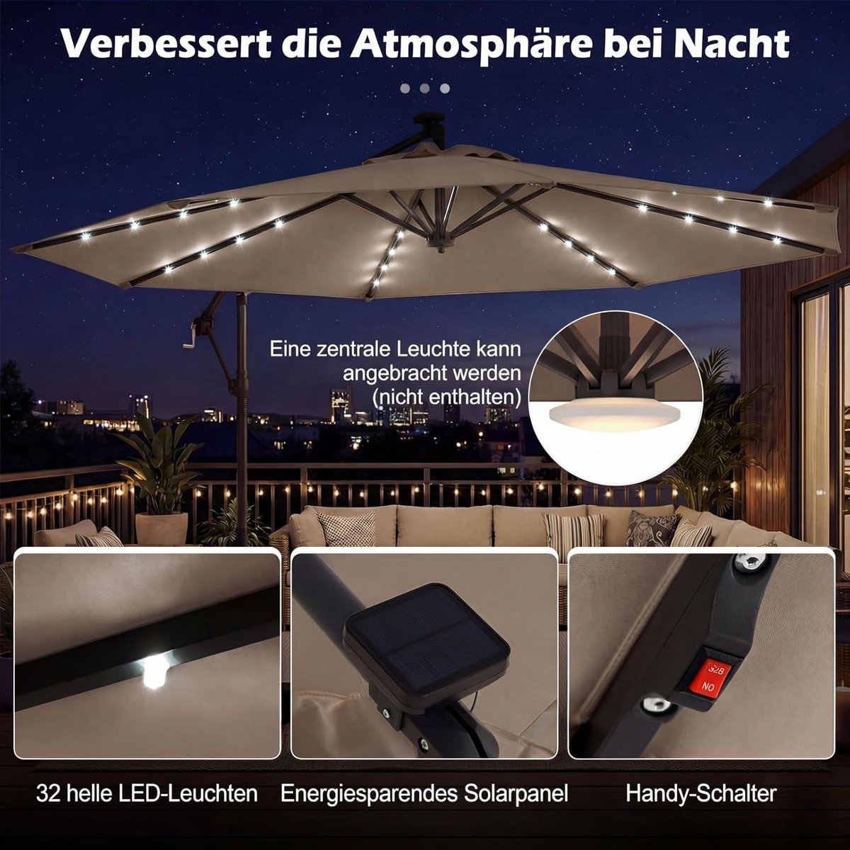Zweefparasol 300x300 cm met LED verlichting, 360° draaibaar, kantelbaar, solar tuinparasol met standaard en kruisvoet voor tuin, terras en balkon - Nicolehome (9509725279650)