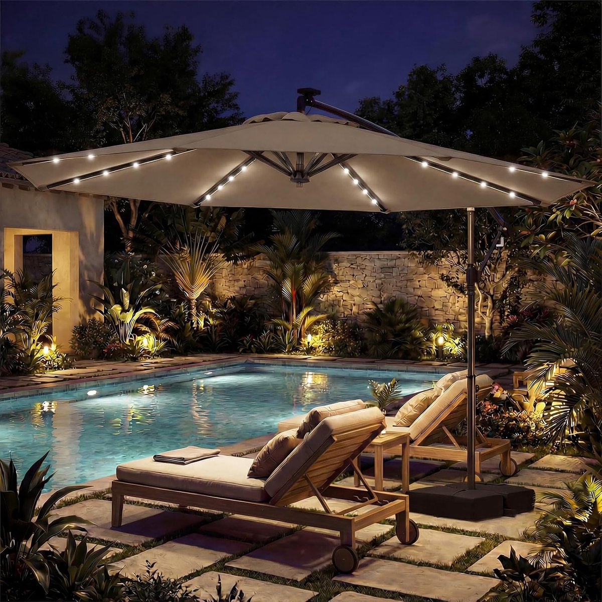 Zweefparasol 300x300 cm met LED verlichting en voet - 360° draaibare tuinparasol met kantelfunctie en solar verlichting - Luxe parasol voor tuin, terras en balkon - Bruin - Nicolehome (9509113557339)