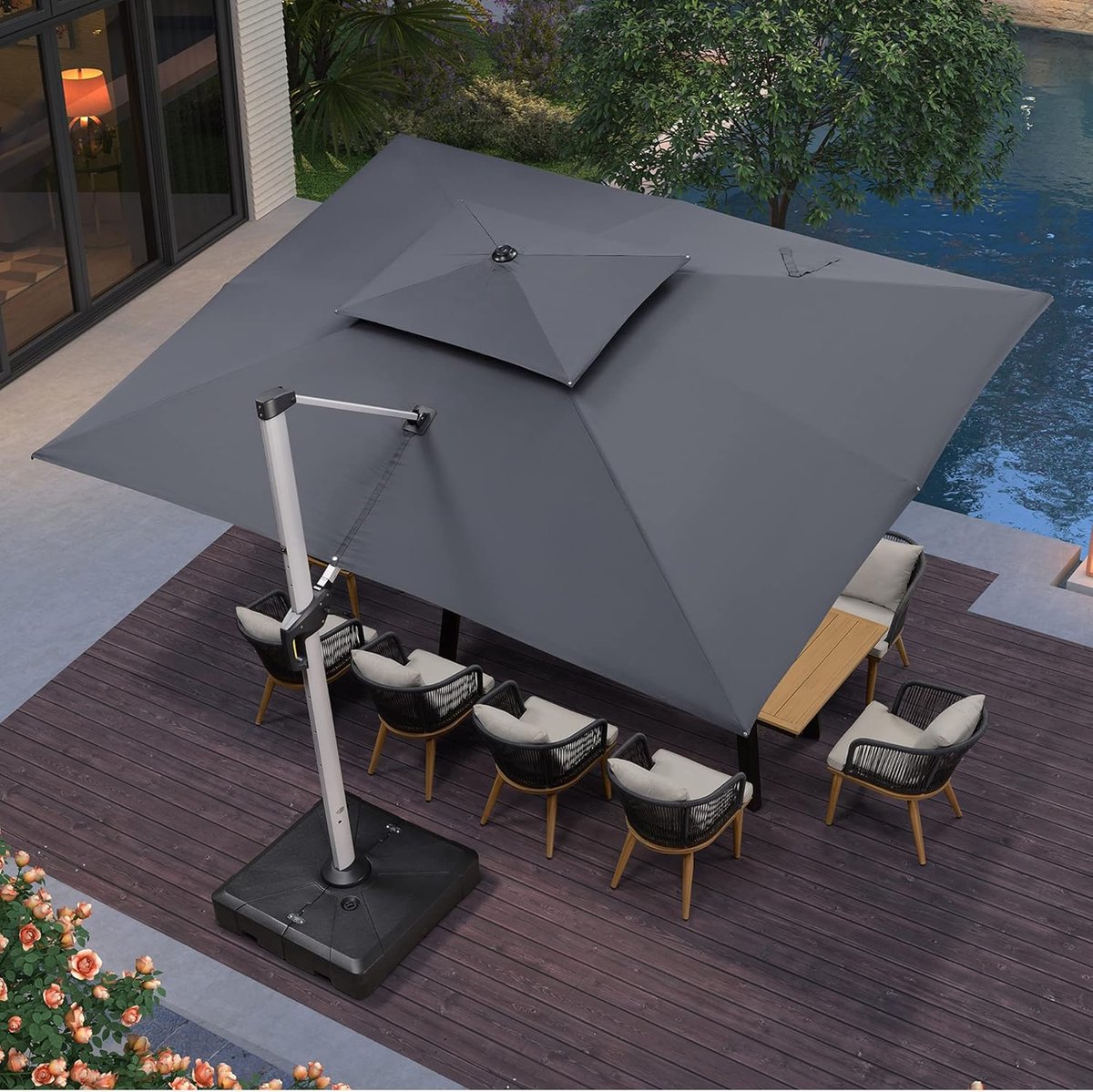 Zweefparasol 300x400 cm Rechthoekig XXL - 360° Draaibaar, Kantelbaar met Zwengel, Dubbel Dak, Waterafstotend UV50+ Bescherming, Aluminium Frame Grijs - Laura (9506448679491)