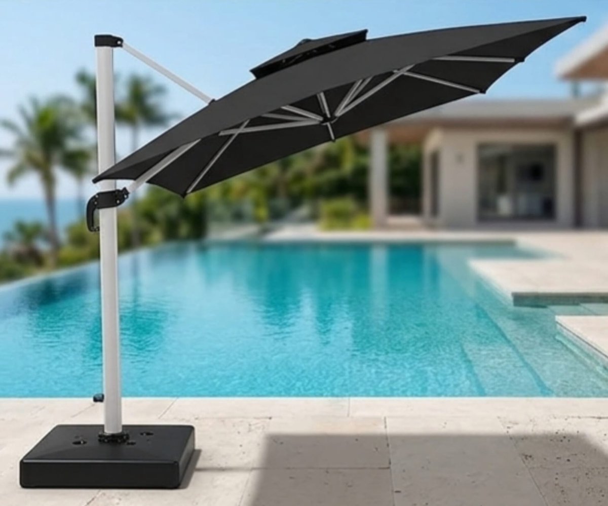 Zweefparasol 300x400 cm XXL Balkon & Tuin - Aluminium Luxe Hangparasol met Voet, 360° Draaibaar, UV50+ Zonwering, Waterafstotend, Verstelbare Hoogte & Kantelbaar - Beige - NoviHome (9505265368625)