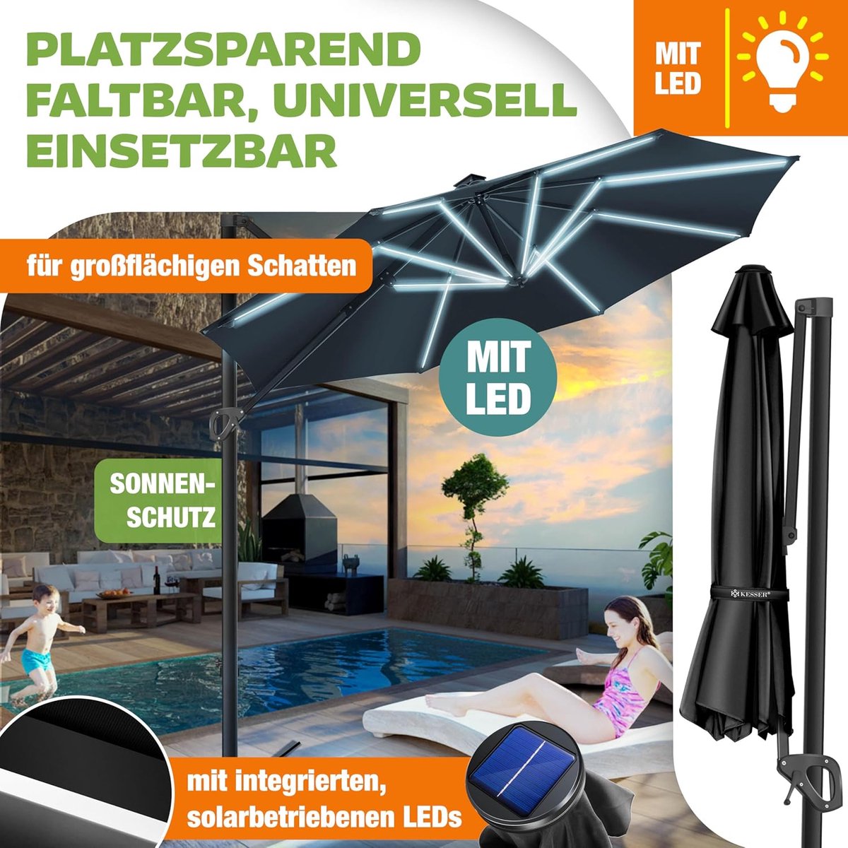 Zweefparasol 330 cm Rond LED Solar 360° Draaibaar 7-Voudig Kantelbaar Aluminium Frame UV-Bescherming Waterafstotend Inclusief Hoes & Windbeveiliging - Mobili Bella (9505327556533)