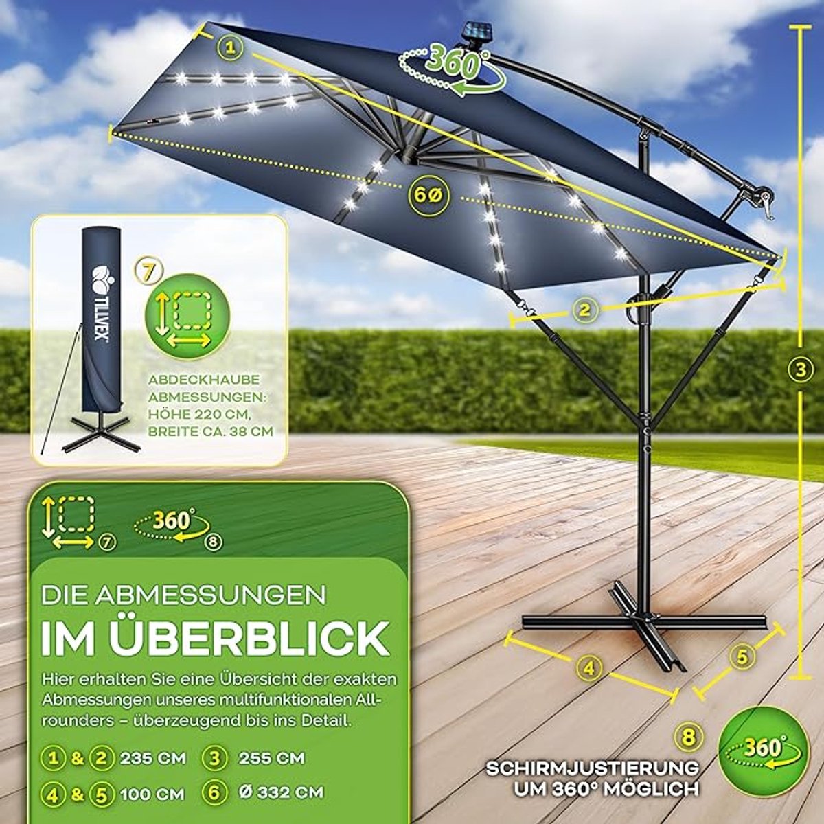 Zweefparasol 330 cm met LED Solar Verlichting - Rechthoekige Hangparasol 360° Draaibaar, Kantelbaar, Aluminium Frame, UV50+ & Waterafstotend - Inclusief Standaard & Hoes - Antraciet - Nicolehome (9503432387363)
