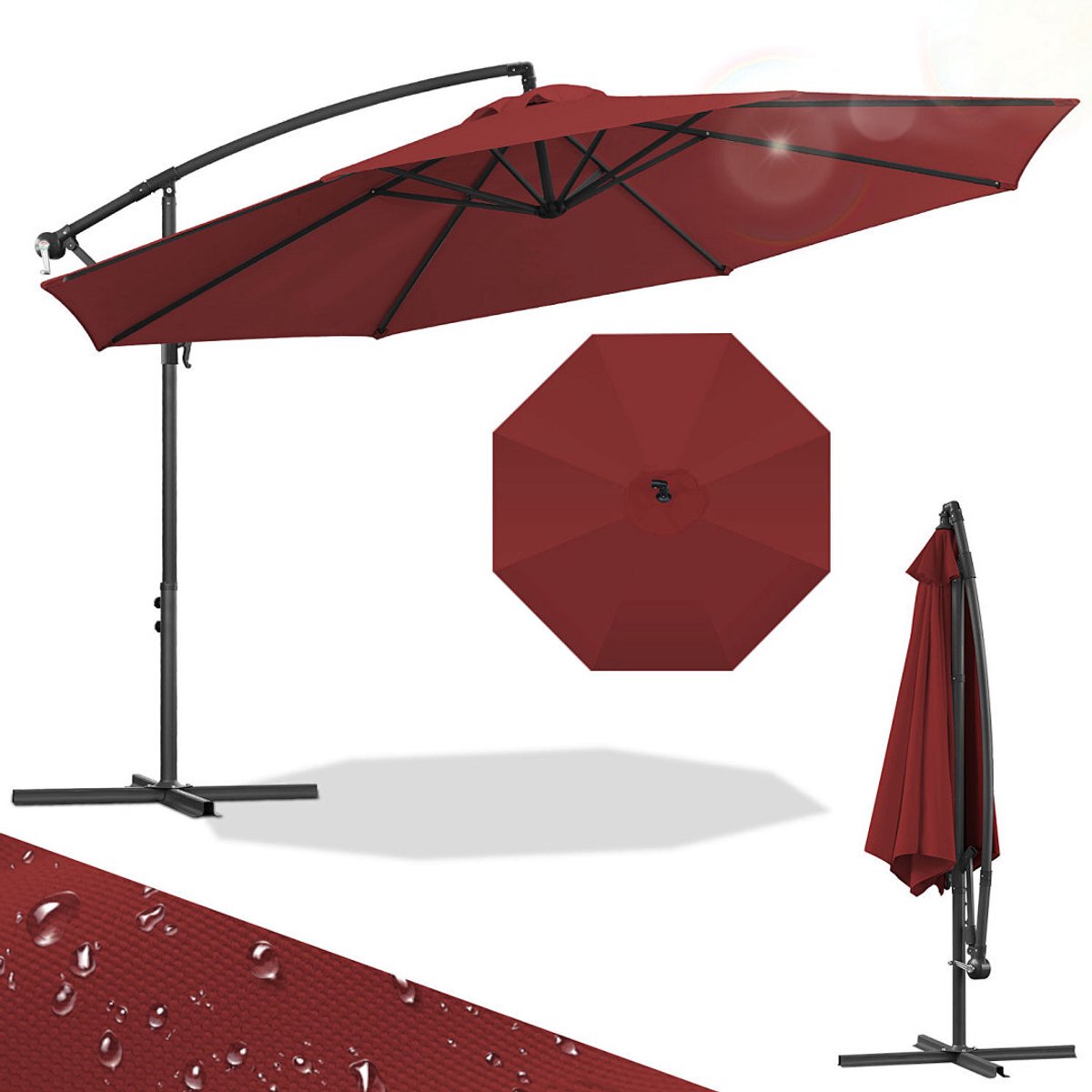 Zweefparasol 350 cm voor Balkon Terras Tuin - UPF 50+ Anti-UV Polyester - Verstelbaar Kantelbaar voor schaduw op elk moment - Sterke Metalen Verbindingen & 8 Ribben - Incl. Kruisvoet - Waterdicht - Snel Inklapbaar & Compact Opbergen Rood (9360170876302)