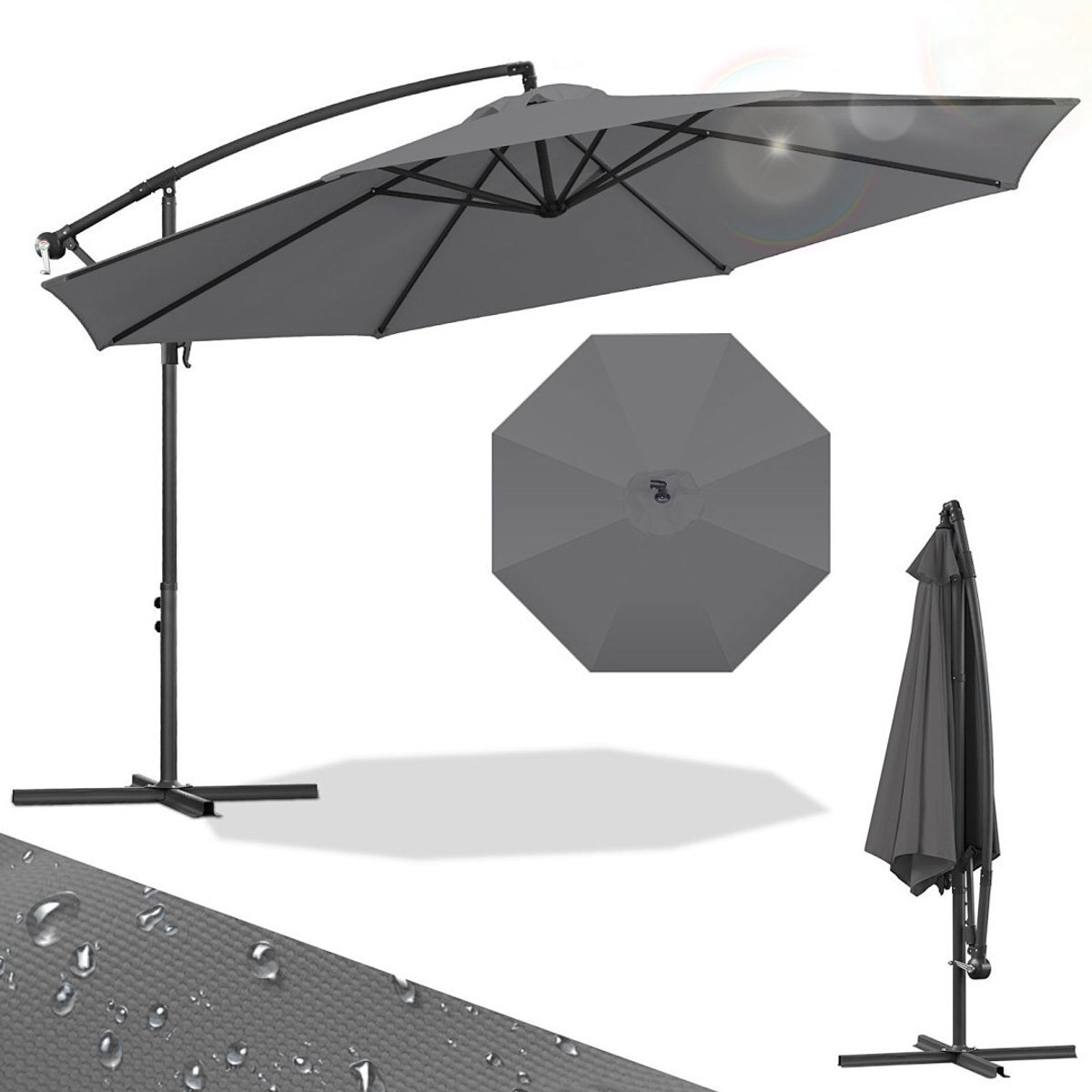 Zweefparasol 350 cm voor Balkon Terras Tuin - UPF 50+ Anti-UV Polyester - Verstelbaar Kantelbaar voor schaduw op elk moment - Sterke Metalen Verbindingen & 8 Ribben - Incl. Kruisvoet - Waterdicht - Snel Inklapbaar & Compact Opbergen Grijs (9360170876289)
