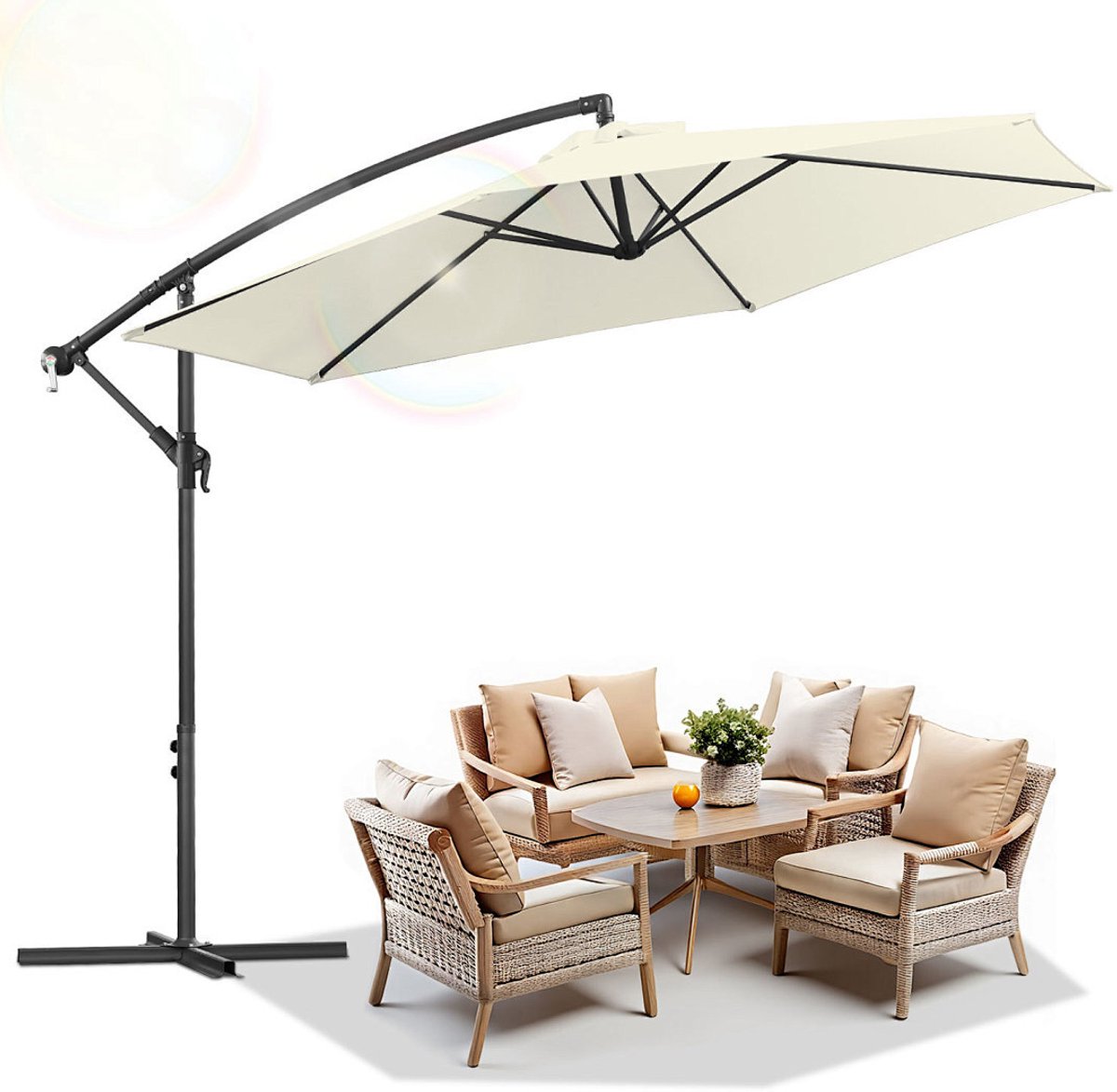 Zweefparasol 3m voor Tuin & Terras - UPF 50+ UV-bescherming - Verstelbaar Kantelbaar voor optimale schaduw - Met Kruisvoet en Windkoord - Waterdicht Polyester - Ventilatiedak tegen wind - Inklapbaar met Handslinger Beige (9360170876272)