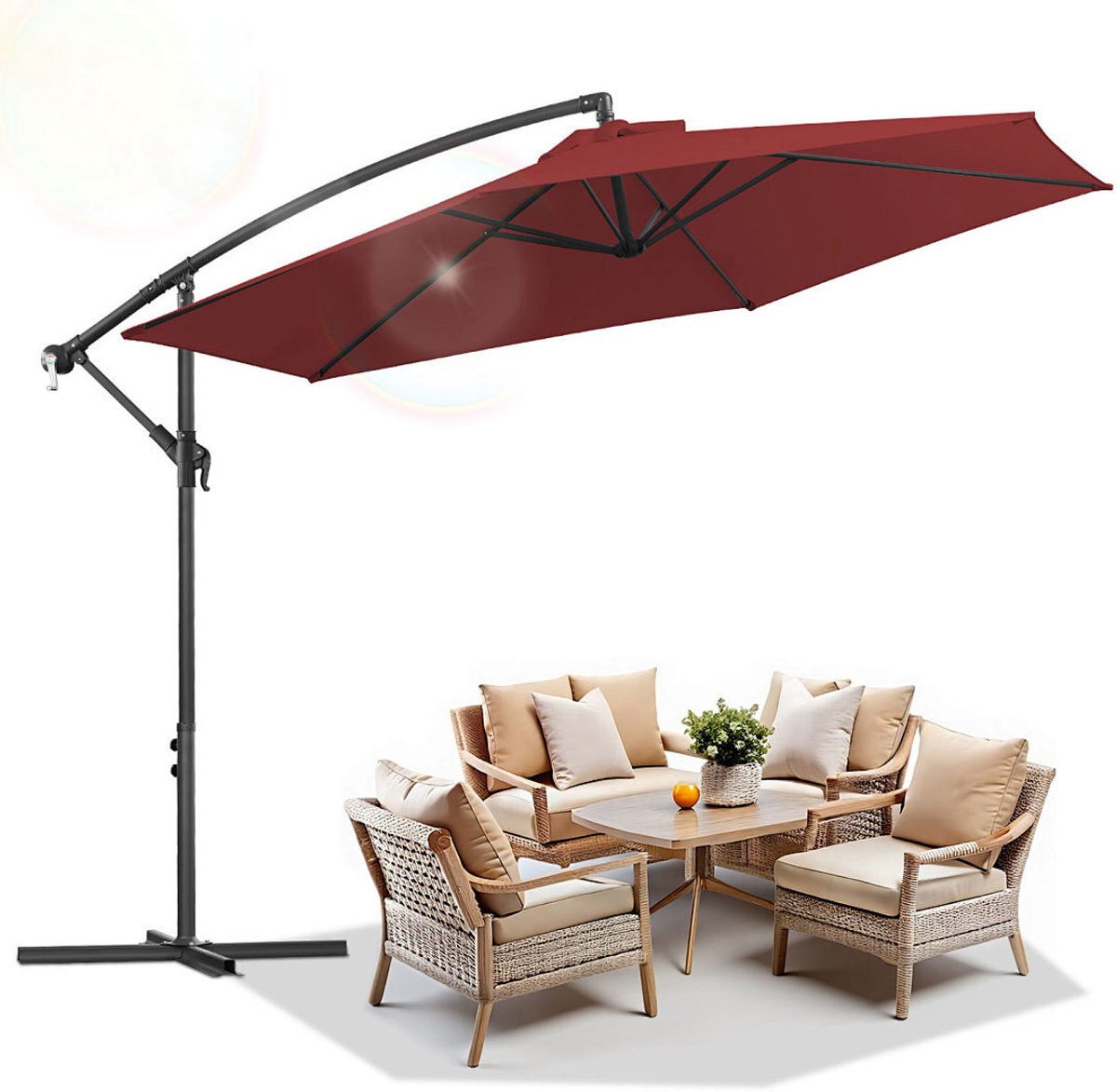 Zweefparasol 3m voor Tuin & Terras - UPF 50+ UV-bescherming - Verstelbaar Kantelbaar voor optimale schaduw - Met Kruisvoet en Windkoord - Waterdicht Polyester - Ventilatiedak tegen wind - Inklapbaar met Handslinger Rood (9360170876265)