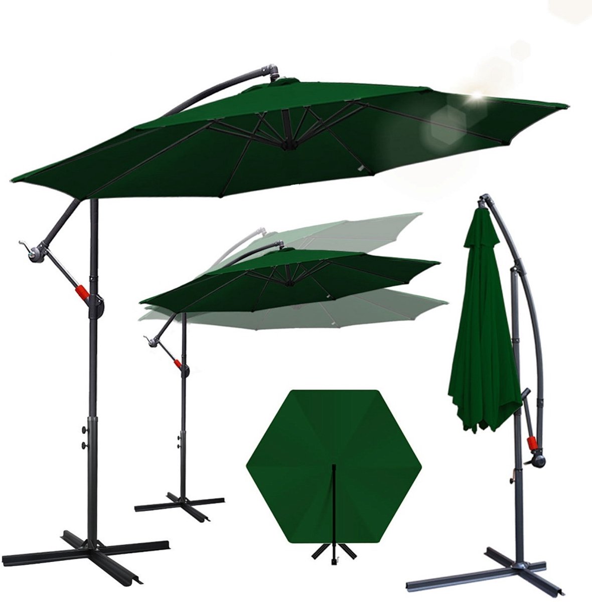 Zweefparasol 3m voor Tuin & Terras - UPF 50+ UV-bescherming - Verstelbaar Kantelbaar voor optimale schaduw - Met Kruisvoet en Windkoord - Waterdicht Polyester - Ventilatiedak tegen wind - Inklapbaar met Handslinger Groen (9360170876258)
