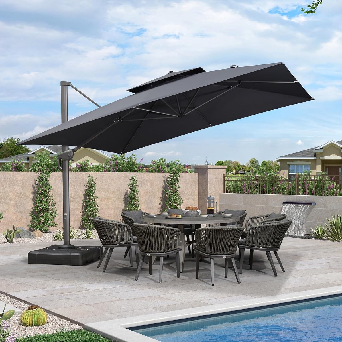 Zweefparasol 400x300 cm Rechthoekig - 360° Draaibaar, Kantelbaar, Aluminium Frame, UV50+ Bescherming, Waterafstotend, Inclusief Parasolvoet - Beige - Laura (9504244181484)
