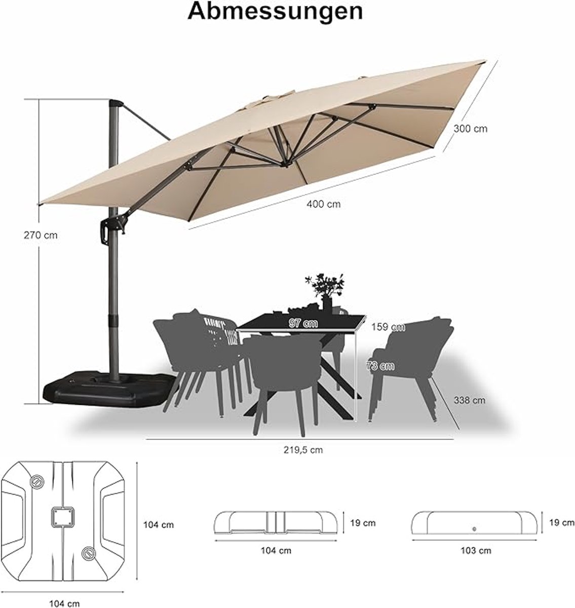 Zweefparasol 400x300 cm Rechthoekig Beige - Hoogwaardig Aluminium Terrasparasol met Zwengel, 360° Rotatie, UV-Bescherming, Waterafstotend & In Hoogte Verstelbaar - Laura (9501281558651)
