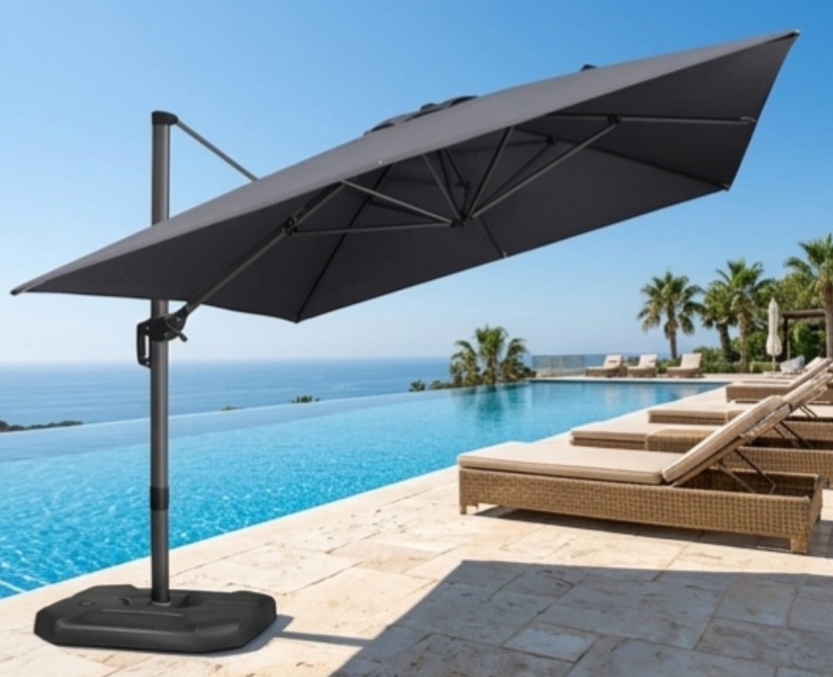Zweefparasol 400x300 cm met Parasolvoet - Aluminium Tuinparasol 360° Draaibaar met Zwengel - UV-Bestendig & Waterafstotend - Grote Rechthoekige Terrasparasol Grijs - NoviHome (9506918552132)
