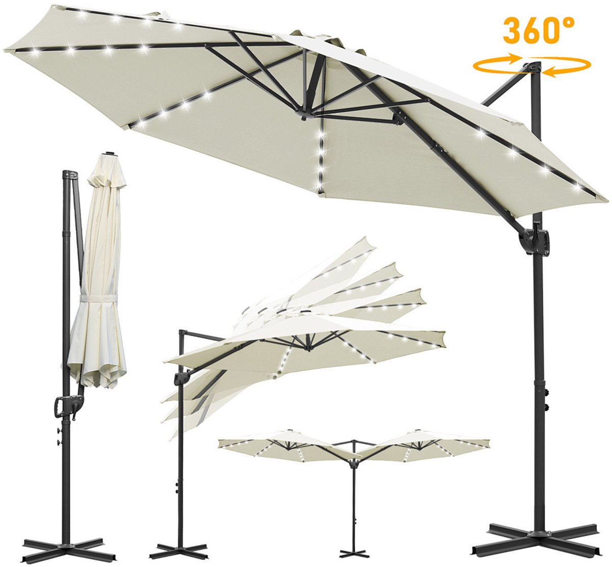 Zweefparasol Beige - 300CM - 360° Rotatie - LED Solar Verlichting - Waterdicht - UV50+ Bescherming (9360170875817)