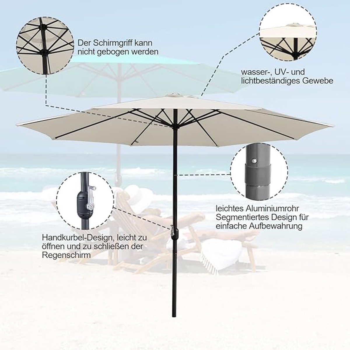 Zweefparasol Depauwonen Ø350 cm - Grote Tuinparasol met Zwengel, UPF 50+ UV-bescherming, Waterafstotend, 40 LED-verlichting op Zonne-energie, Kantelbaar - Balkon, Terras, Zwembad - Zonder Standaard, Beige (9503813874512)