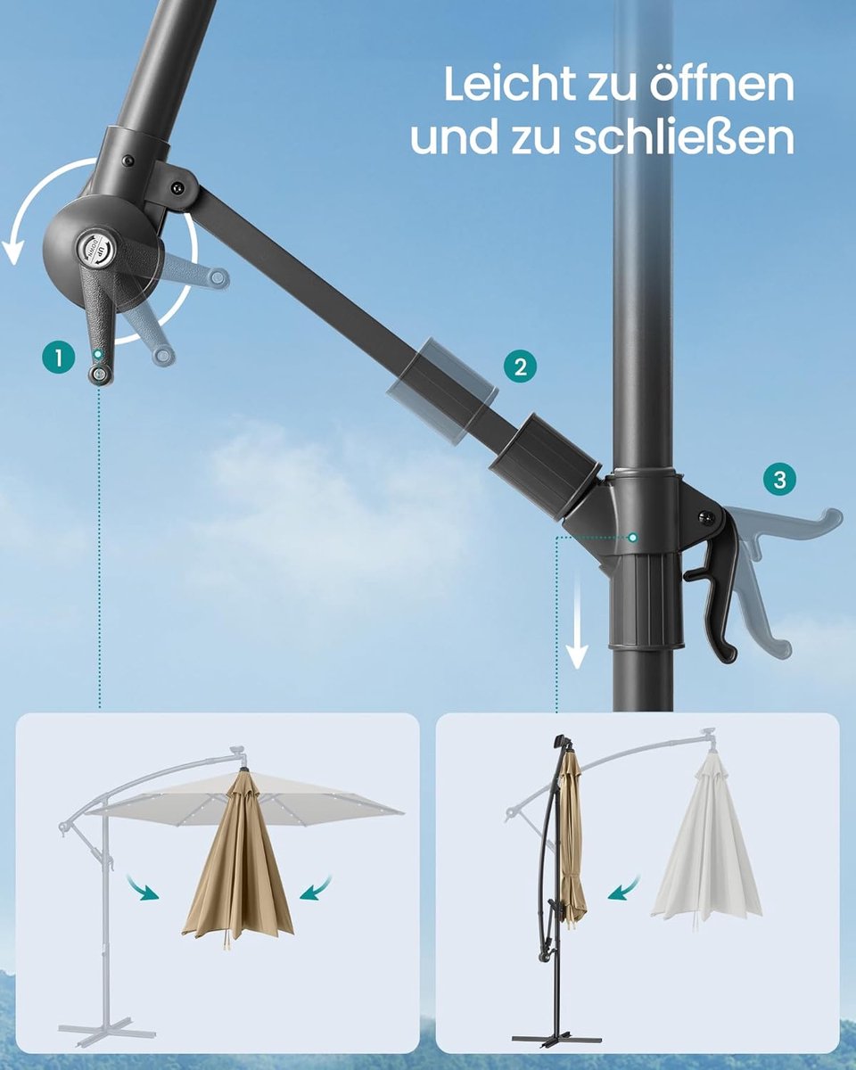 Zweefparasol Depauwonen Taupe 300 cm met LED-verlichting op Zonne-energie, 32 LED-lampjes, UV-bescherming UPF 50+, Met Standaard en Zwengel, Waterafstotend, Achthoekig, Modern Design voor Terras, Patio en Tuin (9501773536655)