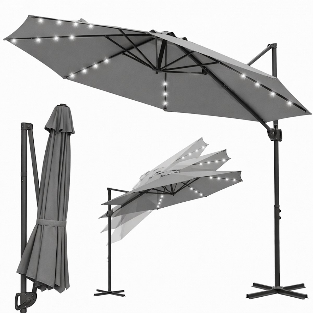 Zweefparasol Grijs - 300 cm - LED Solar - 360° Draai- en Kantelbaar - Verstelbare Hoogte - Waterdicht (9360170875800)