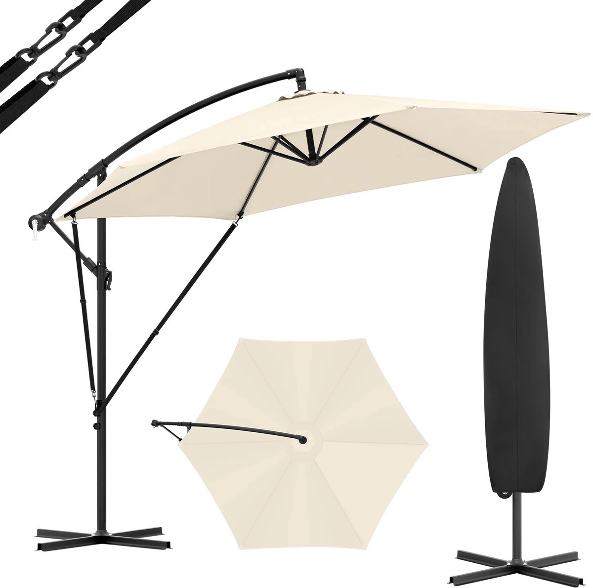 Zweefparasol Kantelbaar 310x310 cm - Beige - Offsetparasol - UV-bestendig - Waterafstotend Polyesterdak - Gepoedercoat Metalen Frame - Cranksysteem - Instelbare Kantelhoek - Ventilatieopening - 210D Oxford Opbergtas - Tuin Terras Balkon Patio (6156023334319)