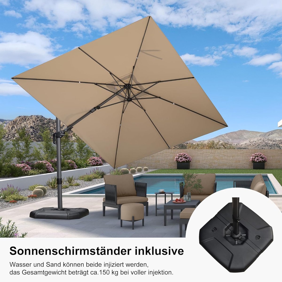 Zweefparasol Kantelbaar 360 cm x 270 cm met Standaard - Groot Aluminium Tuinscherm 360° Draaibaar, UV-Bestendig, Waterafstotend, Rechthoekig Terrasparasol - Laura (9504416914780)