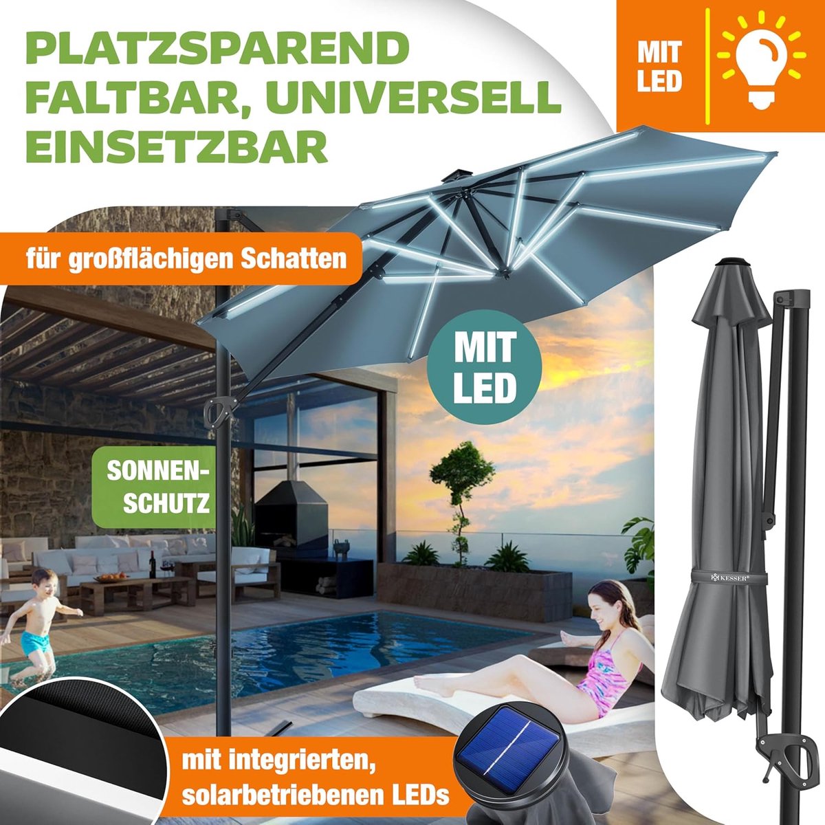Zweefparasol LED Solar Ø325 cm Rond - 360° Draaibaar & Kantelbaar Aluminium Frame - UV50+ Waterafstotend Polyester - Inclusief Hoes, Windkabels & Handslinger - Antraciet - Mobili Bella (9506489146617)