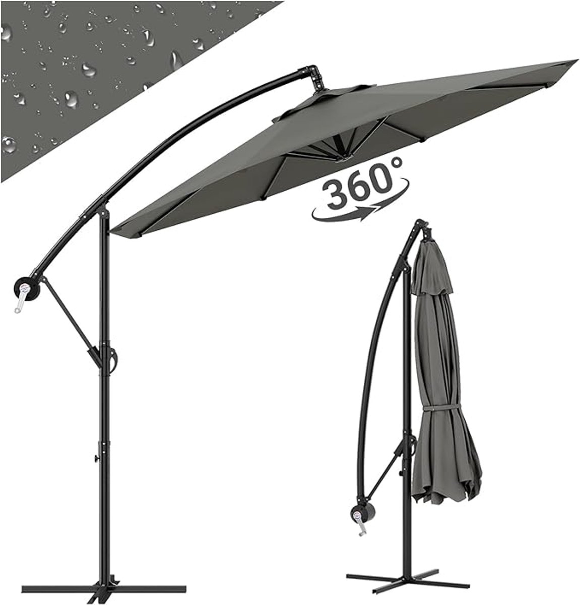 Zweefparasol Ø 300 cm - 360° Draaibaar & Kantelbaar - Met Slinger, Beschermhoes en Kruisvoet - UV50+ & Waterafstotend - Grijs (6950000123770)