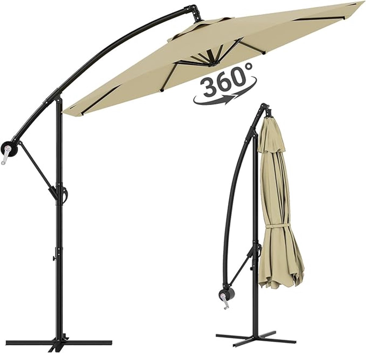 Zweefparasol Ø 300 cm - 360° Draaibaar & Kantelbaar - Met Slinger, Beschermhoes en Kruisvoet - UV50+ & Waterafstotend - Khaki (6950000123787)