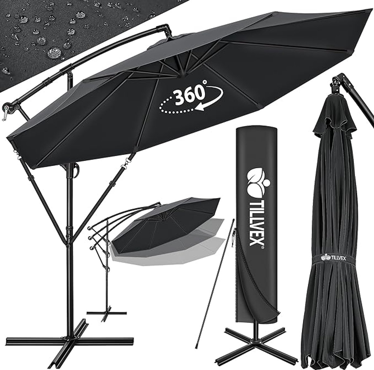 Zweefparasol Ø 300 cm Aluminium 360° Draaibaar met Hoes, UV-Bescherming, Waterdicht en Verstelbaar 90-135° - Luxe Tuinparasol met Standaard en Windbeveiliging - Urbanhome (9507742665166)