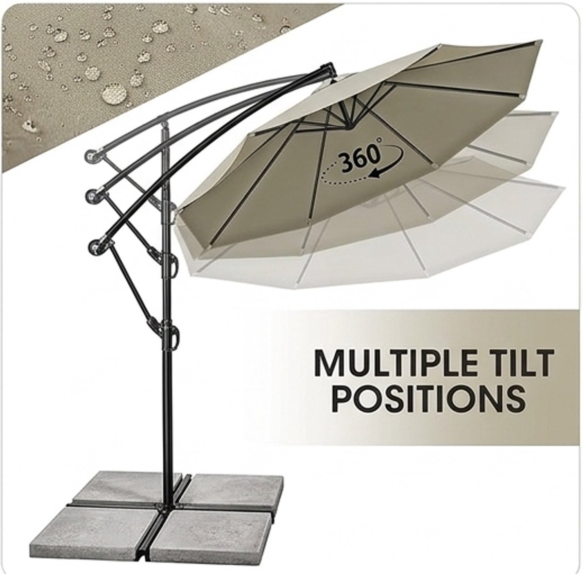 Zweefparasol Ø 300 cm Aluminium 360° Draaibaar met Hoes, UV-Bescherming, Waterdicht en Verstelbaar 90-135° - Luxe Tuinparasol met Standaard en Windbeveiliging - Urbanhome (9505532883691)