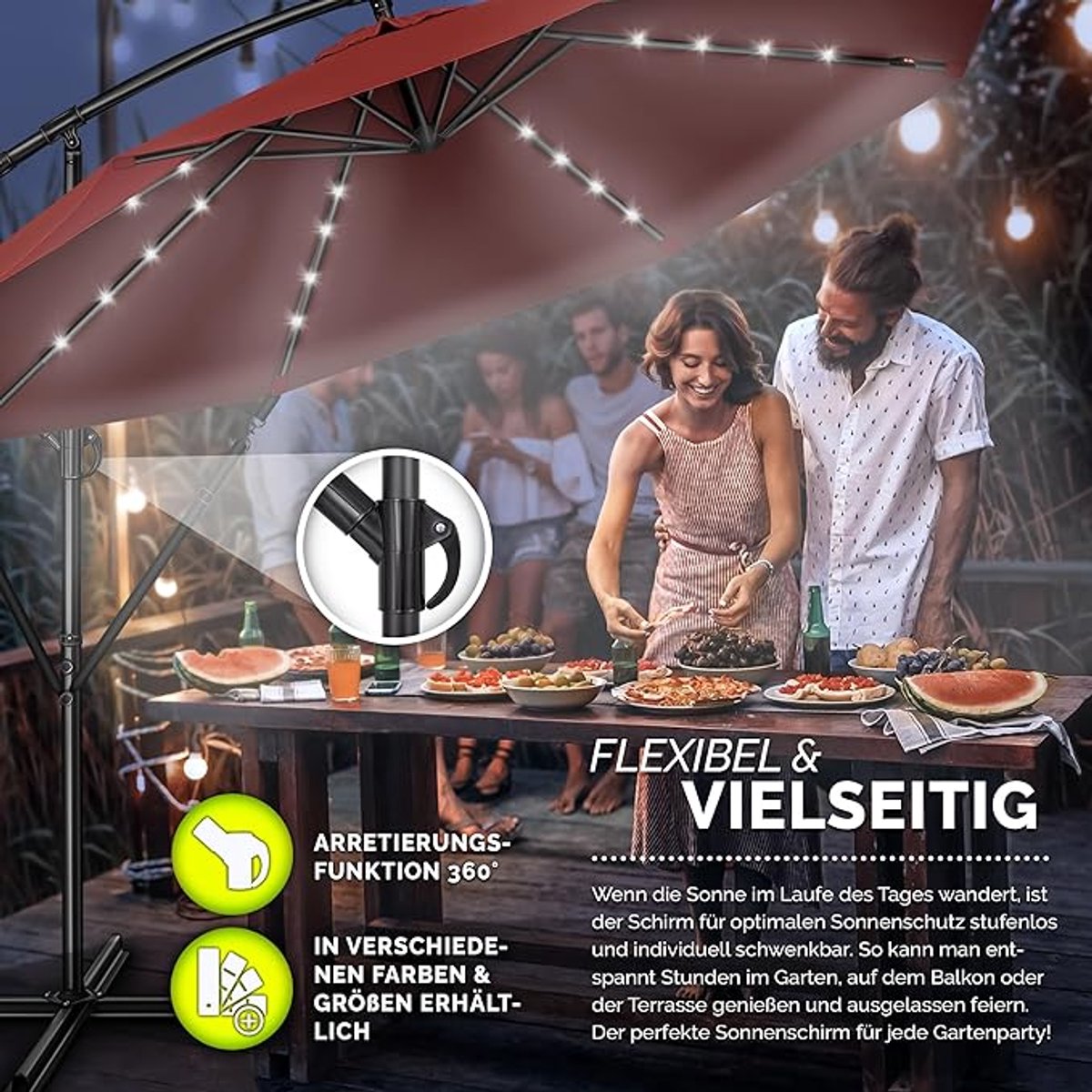 Zweefparasol Ø 300 cm LED Verlichting Solar - Kantelbare Ampelschirm Tuinparasol met 32 LED Lampen, Aluminium Frame, UPF50+ UV-bescherming, Waterafstotend - Mobili Bella (9505551168946)