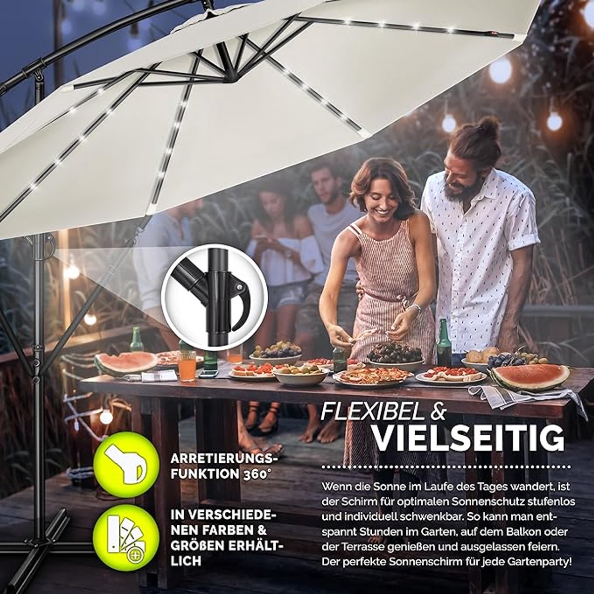 Zweefparasol Ø 300 cm met LED Solar Verlichting, Kantelbaar Aluminium Frame, UV50+ Waterafstotend, Handmatige Kruklift en Inclusief Voet - Tuinparasol met 32 LED Lampen voor Terras en Tuin - Mobili Bella (9503287659332)