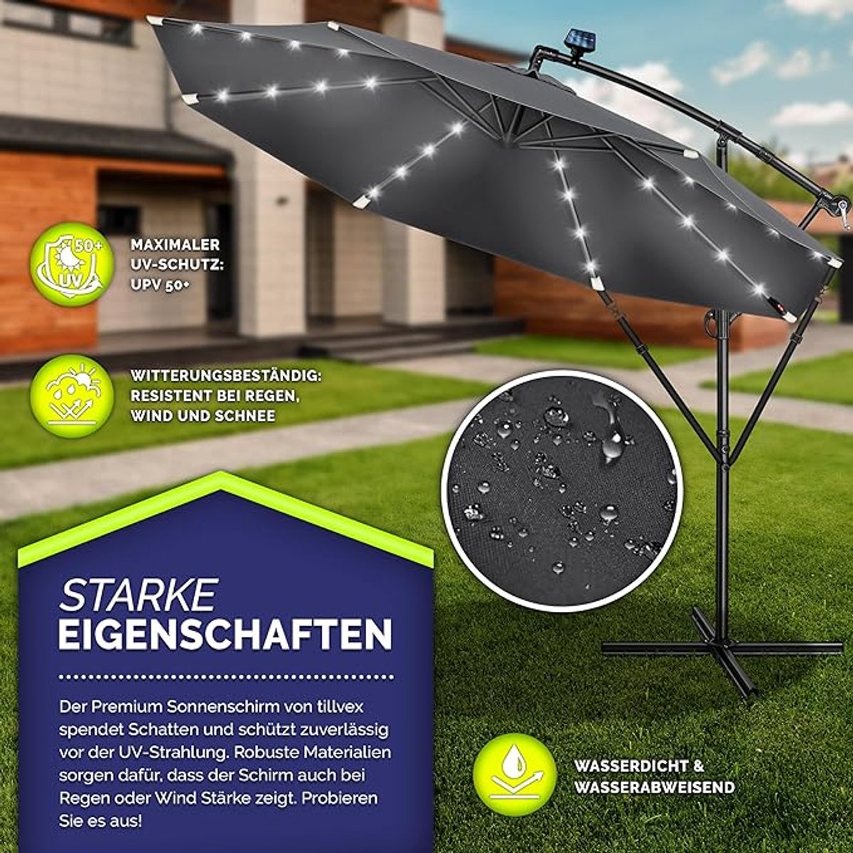 Zweefparasol Ø 300 cm met LED Verlichting & Solar Paneel - Kantelbaar - Aluminium Frame - UPF 50+ Waterafstotend - Inclusief Voet & Handslinger - Tuinparasol voor Balkon & Terras - Mobili Bella (9509317132691)