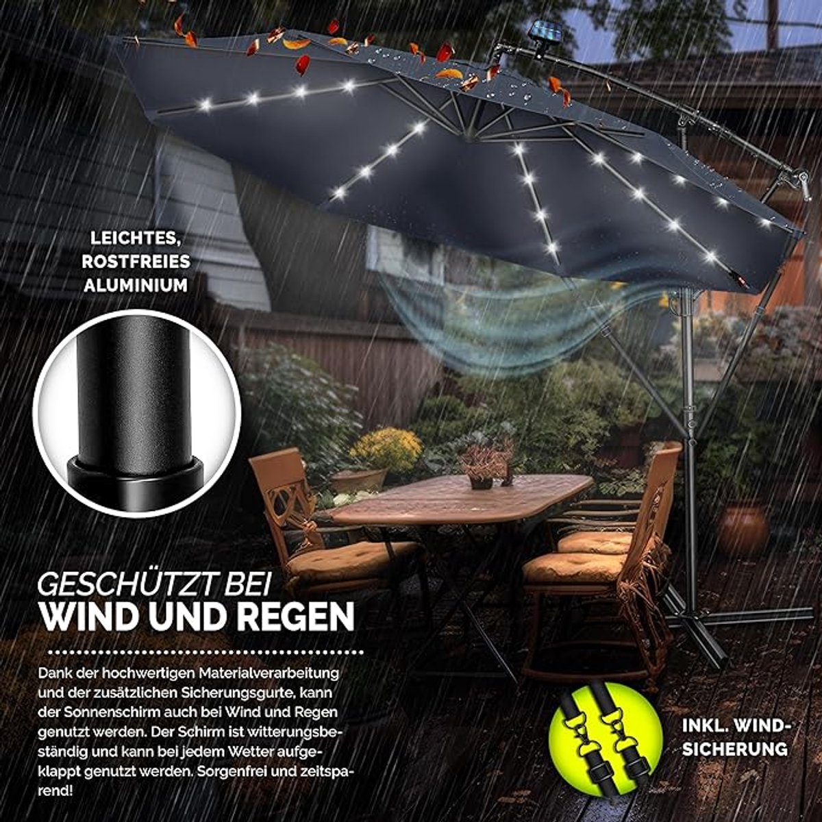 Zweefparasol Ø 300 cm met LED Verlichting & Solar Paneel - Kantelbaar - Aluminium Frame - UV50+ Waterafstotend - Inclusief Parasolvoet - Tuinparasol voor Balkon, Terras & Tuin - Mobili Bella (9509682613184)