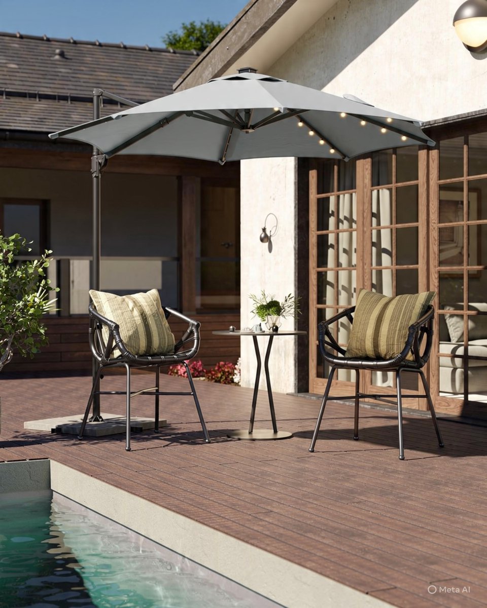 Zweefparasol Ø 300 cm met LED Verlichting & Zonnepaneel - 360° Draaibaar, Traploos Kantelbaar, UPF 50+, Inclusief Kruisvoet & Zwengel - Rond - Duifgrijs - Nicolehome (9502531158768)