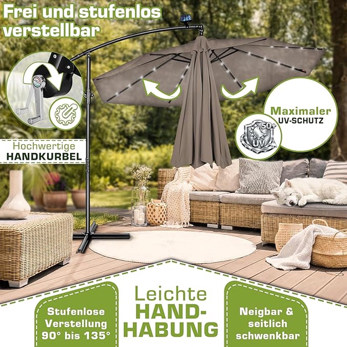 Zweefparasol Ø 300 cm met LED Verlichting & Zonnepaneel - Aluminium Tuinparasol met Standaard, UV50+ Bescherming, Kantelbaar met Zwenkarm & Windventilatie - Waterafstotend - Inclusief Beschermhoes - Nicolehome (9504786138892)