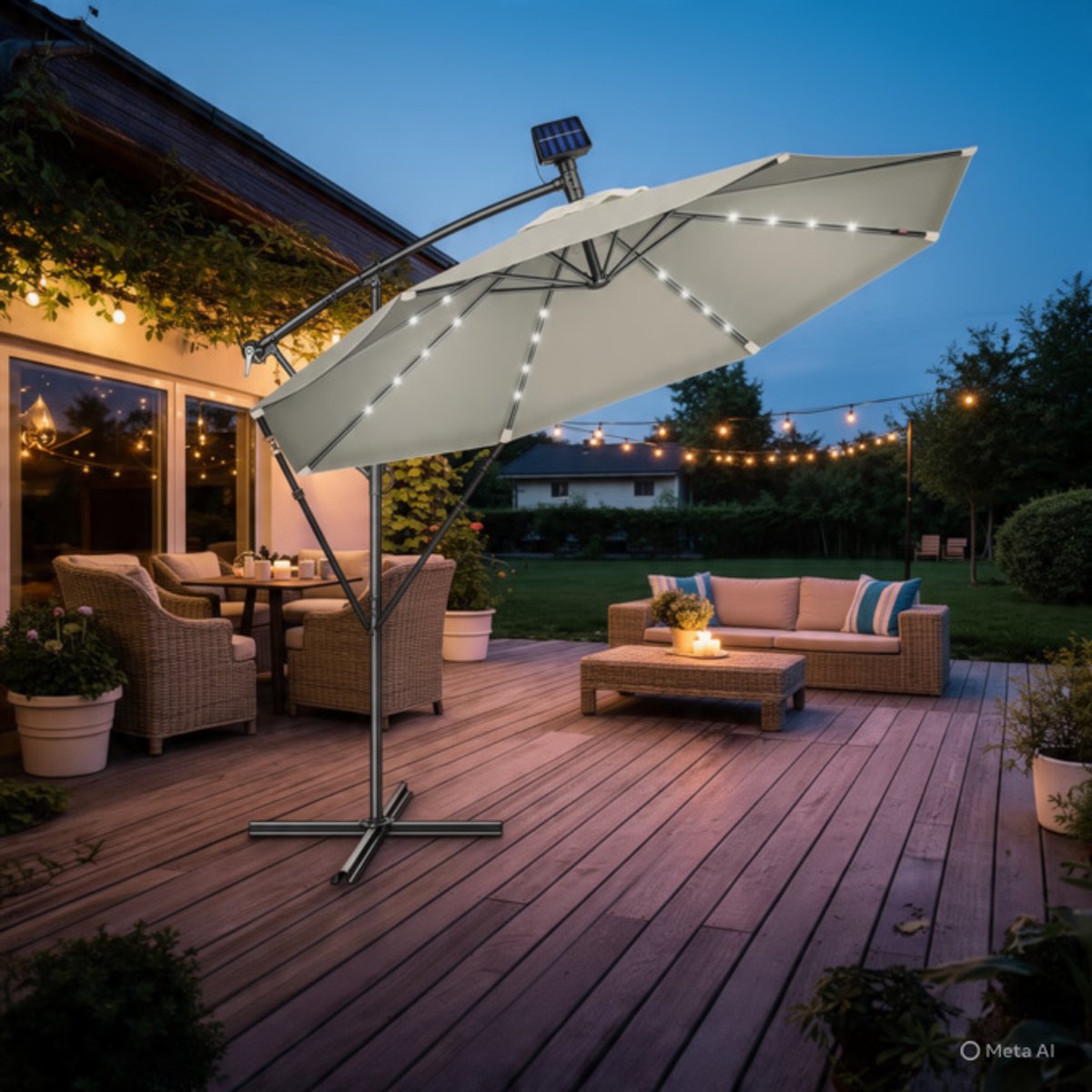 Zweefparasol Ø 300 cm met LED Verlichting & Zonnepaneel - Kantelbaar, Aluminium, UV50+, Waterafstotend, Inclusief Hoes & Kruisvoet - Nicolehome (9508798161855)