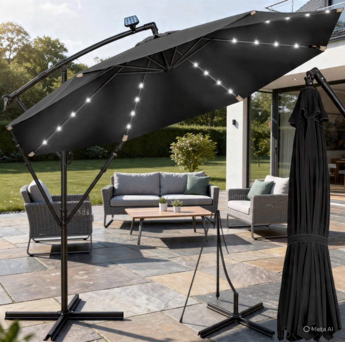 Zweefparasol Ø 300 cm met LED verlichting op zonne-energie, aluminium tuinparasol met voet & hoes, kantelbaar met zwengel, UV50+ waterafstotend - Nicolehome (9503376385722)