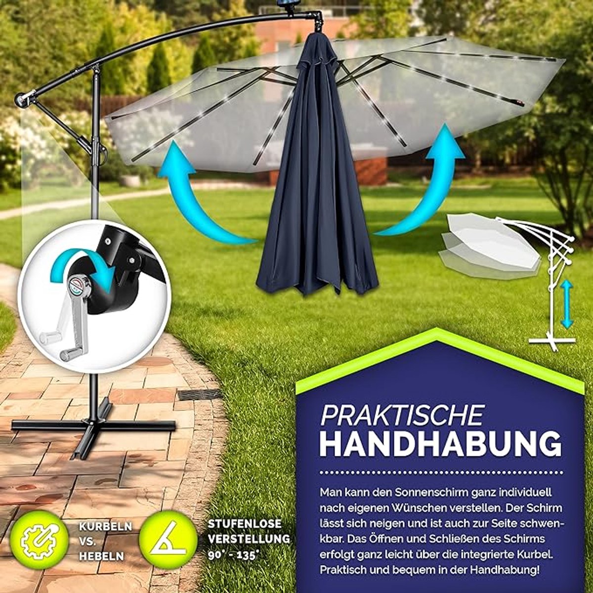 Zweefparasol Ø 350 cm met LED Verlichting & Solar Paneel - Kantelbaar - Aluminium Frame - UV50+ Waterafstotend - Inclusief Voet & Handslinger - Luxe Tuinparasol voor Balkon & Terras - Mobili Bella (9502366752933)