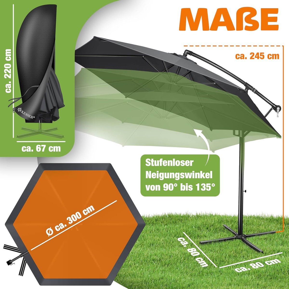 Zweefparasol Ø300 cm zeshoekig met zwengel en 360° draaifunctie - UV-bescherming, waterafstotend, aluminium frame, inklapbare parasol met standaard, tuin-, terras- & balkonparasol, antraciet - Laura (9508523115641)