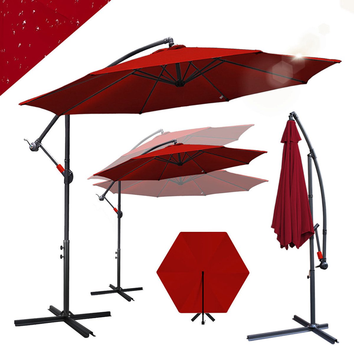 Zweefparasol Ø350 cm - Extra Grote Schaduw - UV50+ (UPF 50+) Polyester - Multi-angle Kantelbaar & Draaibaar - Waterdicht - Ventilatiedak - Stabiel IJzeren Frame met 8 Ribben - Incl. Kruisvoet 100×100 cm Rood (9360170875985)