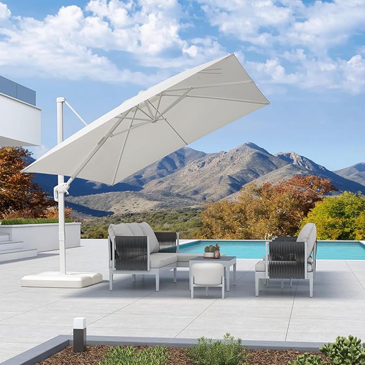Zweefparasol Rechthoekig 300x400 cm - 360° Draaibaar & Kantelbaar - UV50+ Bescherming - Waterafstotend Polyester - Aluminium Frame Wit - Luxe Grote Tuinparasol voor Terras & Balkon | Laura (9507231758461)