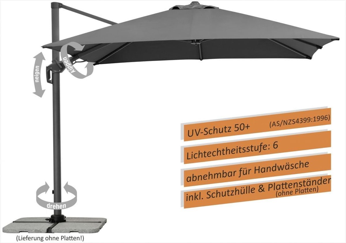 Zweefparasol Vierkant 300x300 cm - 360° Draaibaar & Kantelbaar met Twist Functie - UV50+ Bescherming - Waterafstotend Polyester - Aluminium Frame Antraciet - Luxe Balkon- en Tuinparasol | Laura (9508737453430)
